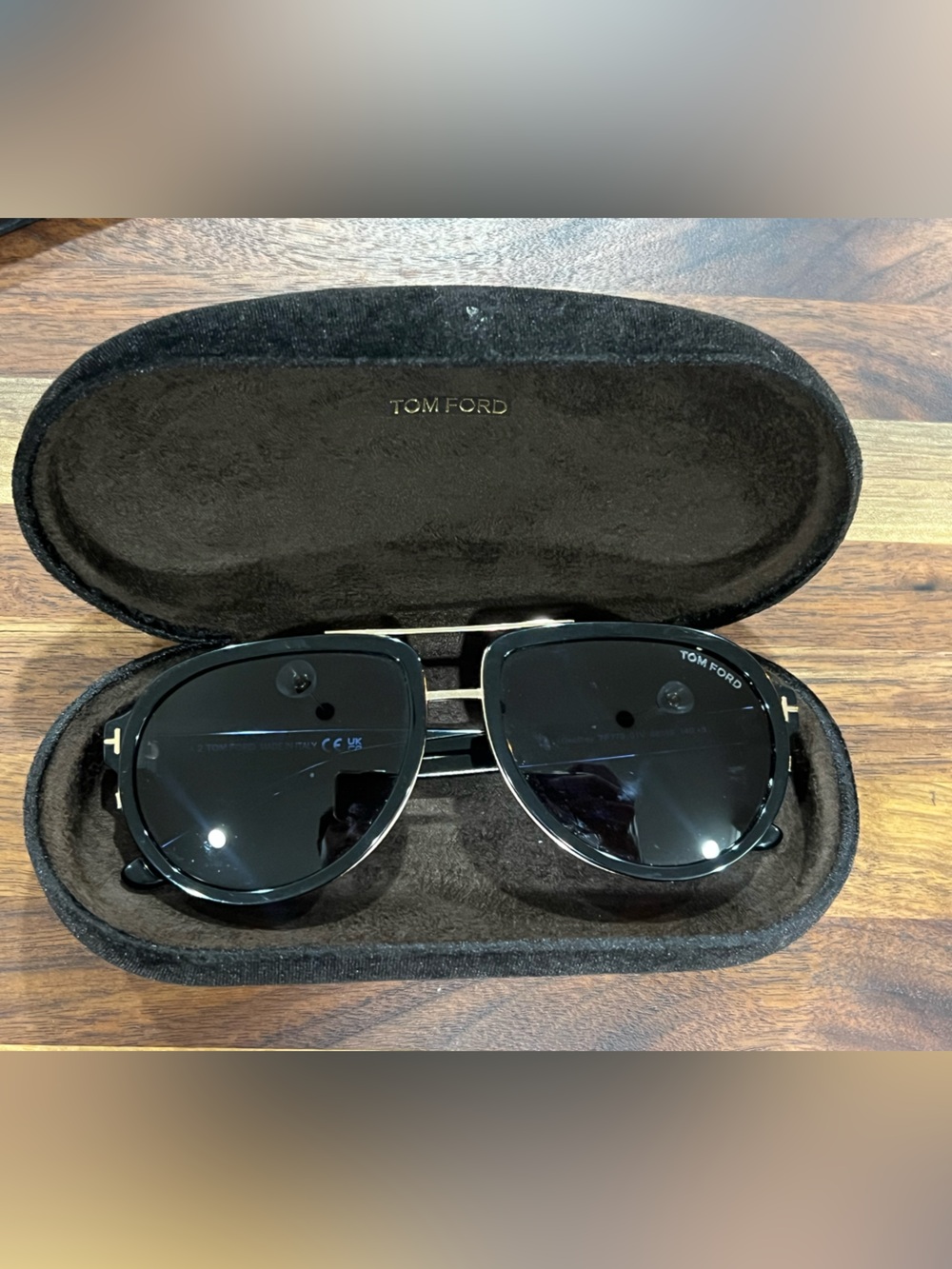 Tom Ford Black Aviator Sunglasses with Gold Accents